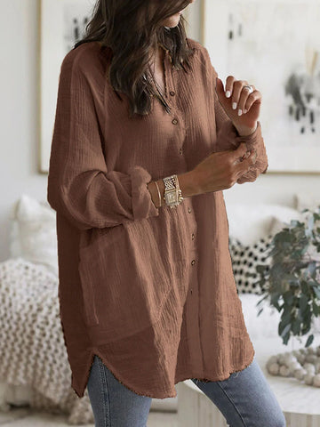 Airchics mi-longue blouse robe en lin boutonnage avec poches v-cou femme manches longues casual ample